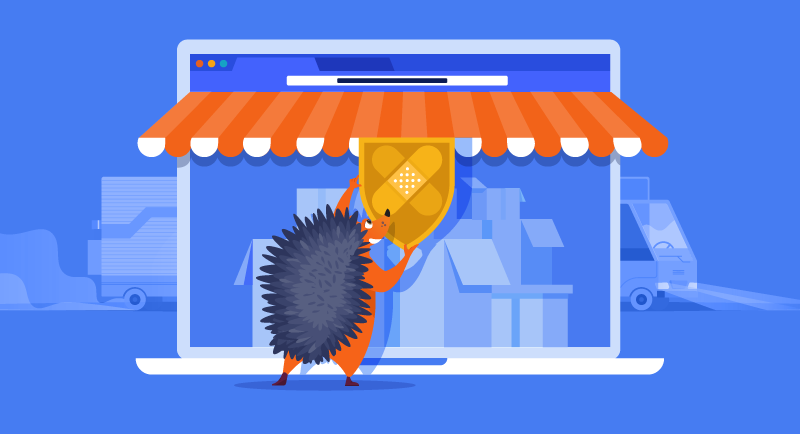 Hedgehog protecting an online store with security shield illustration