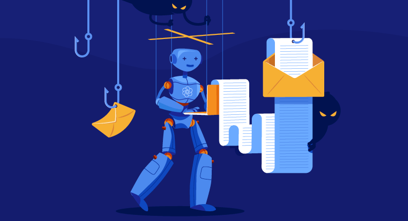 A Puppet robot writing emails being controlled by a bad actor