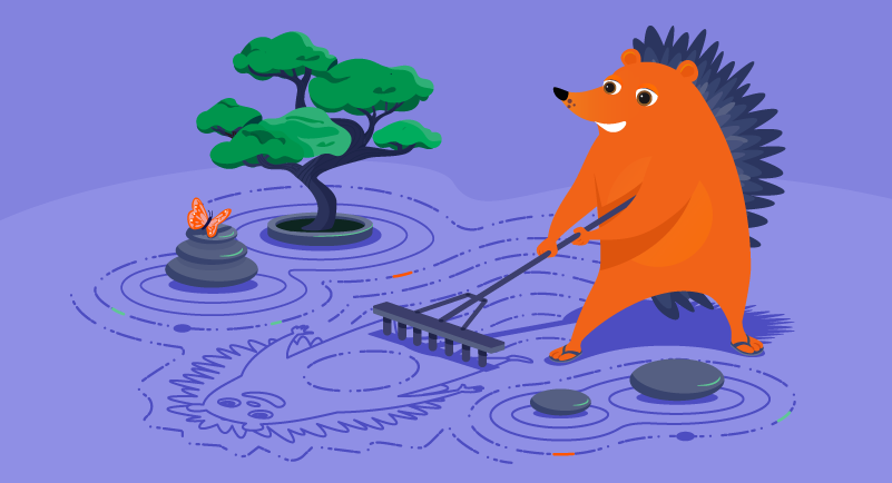Hedgehog raking a zen garden, forming a hedgehog pattern in sand illustration