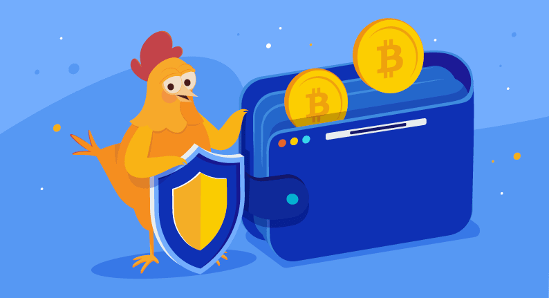 A Chicken holding onto a shield and a wallet with bitcoins