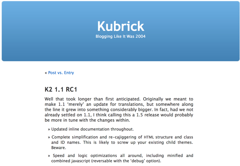 A screenshot of the default theme from WordPress 1.5, Kubrick, is displayed.