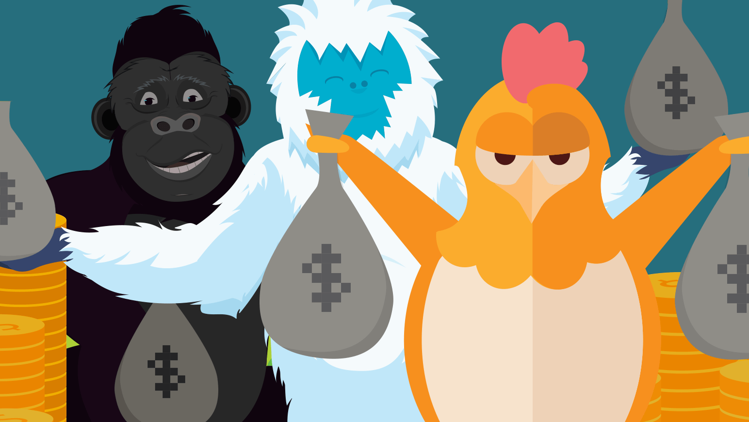 Several of Namecheaps brand mascot characters hold up bags of money, to symbolize the flourishing business of WordPress.