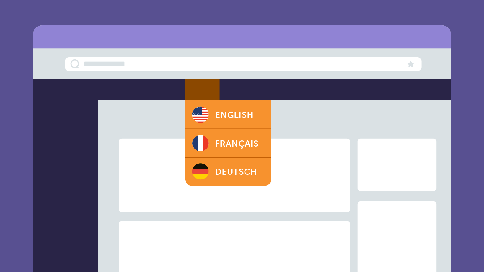 A dropdown with three different language options is shown as an example of how WordPress can be used around the world.