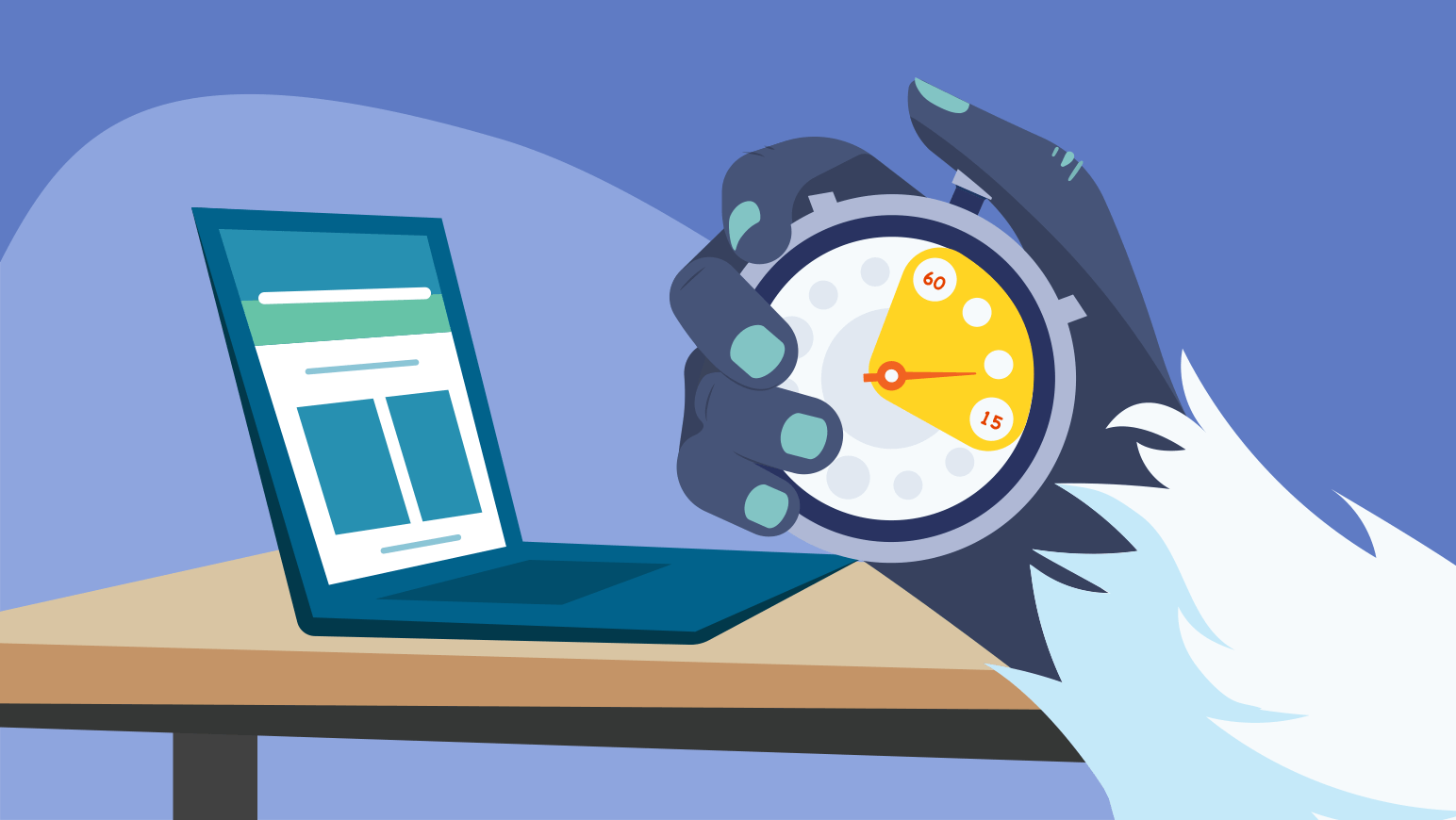 An illustration of a yeti hand holds a stopwatch, showing how WordPress software allows for fast page speeds.