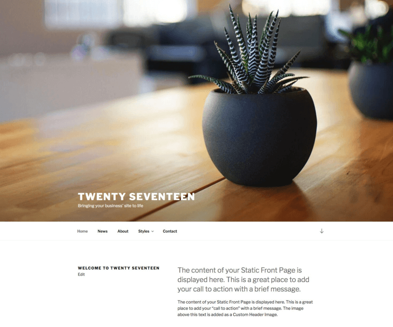 A screenshot of the default theme from WordPress 4.7, Twenty Seventeen, is shown.