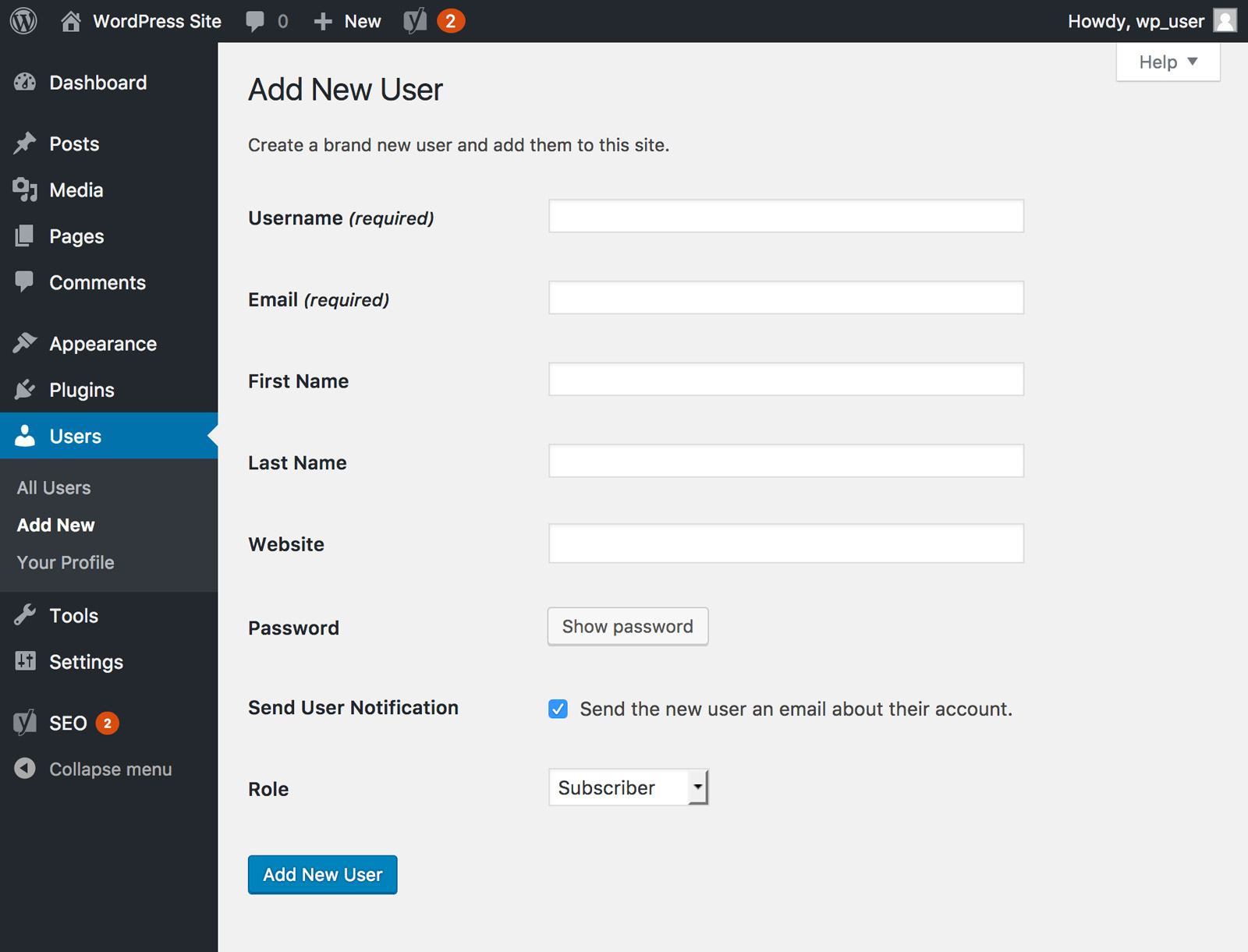 The Users area of the WordPress dashboard is displayed, showing the required fields to add a new user.