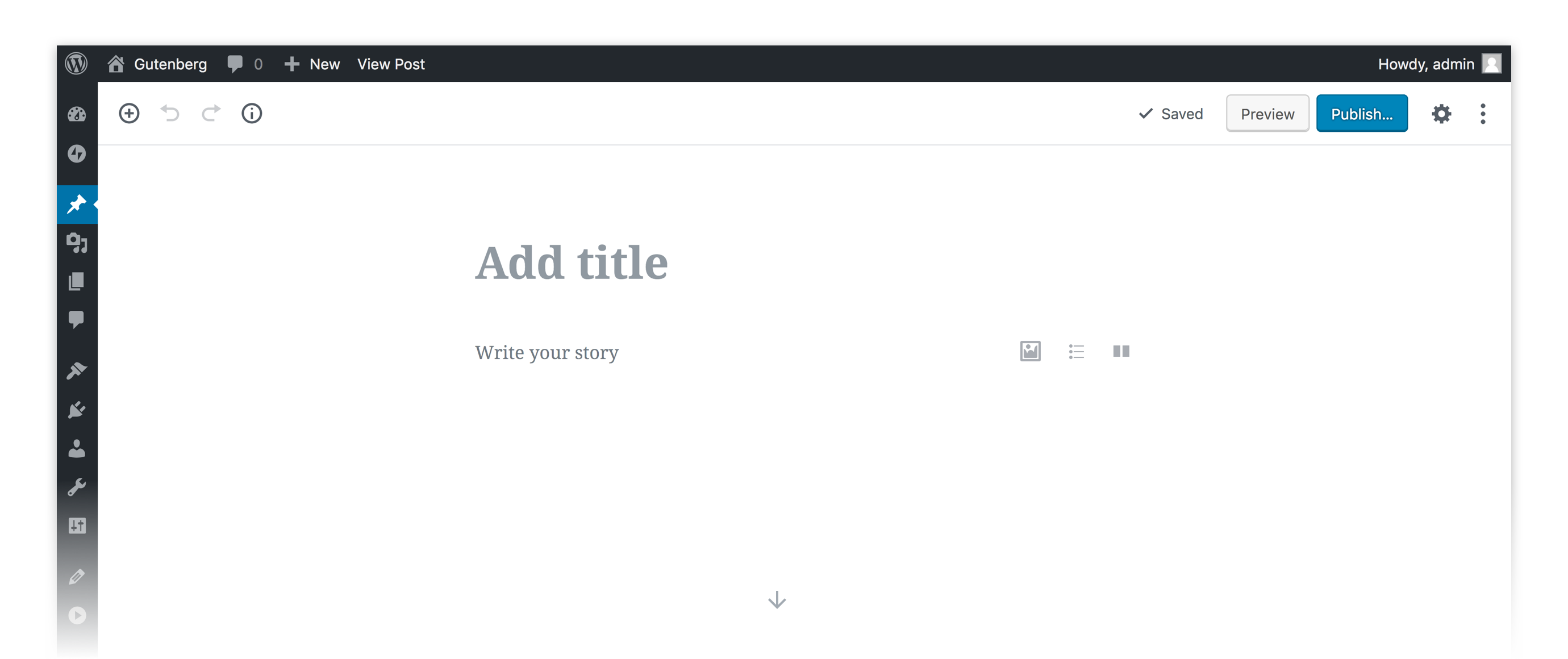 A screenshot appears, displaying the basic Gutenberg editor in WordPress.