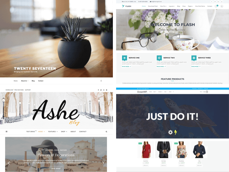 Several examples of popular free WordPress themes are shown.