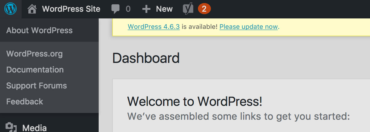 An alert banner is shown at the top of the WordPress dashboard, with a promt to update to the lastest version of WordPress.