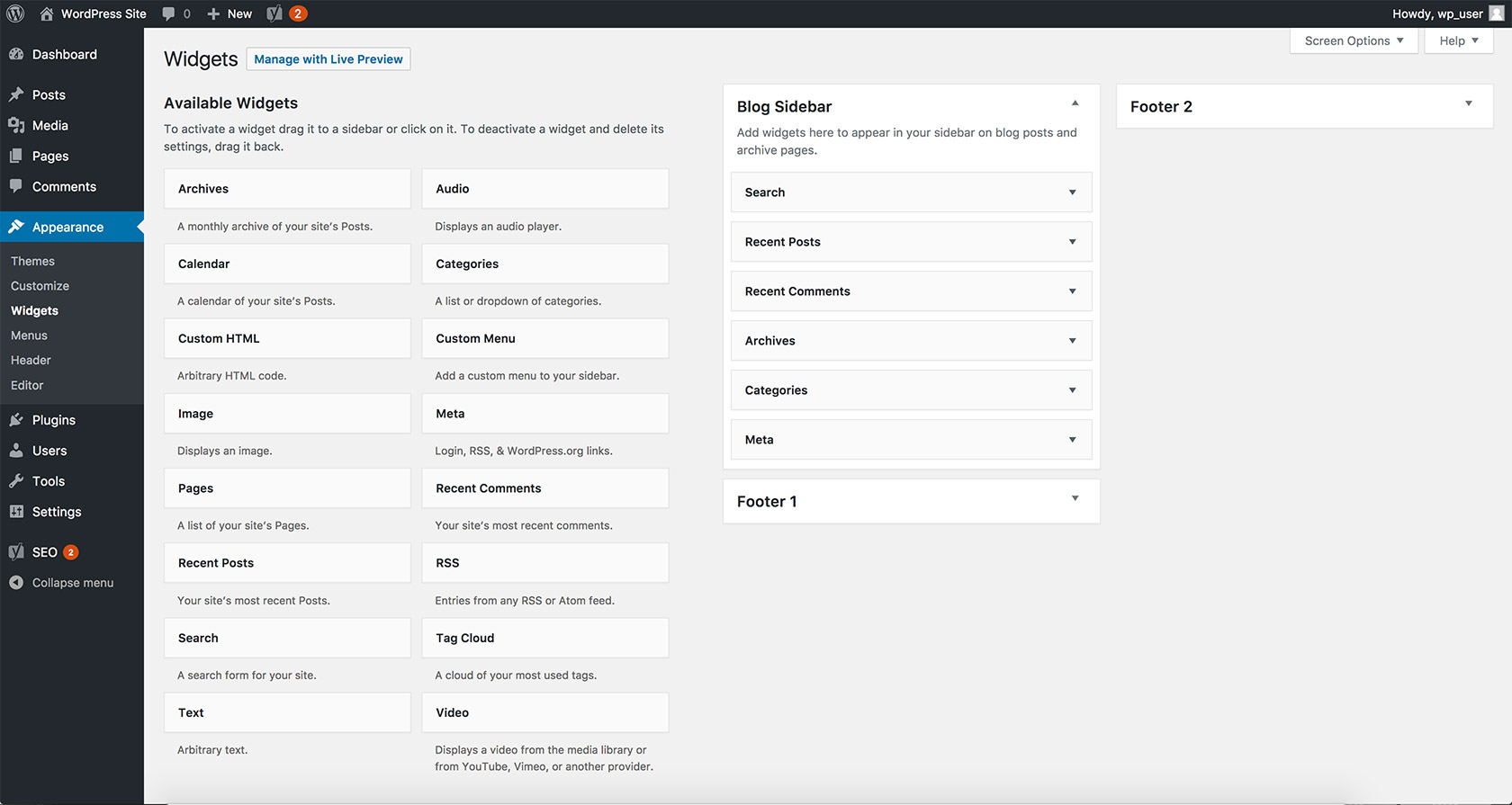 The Appearance area of the WordPress dashboard is shown, reflecting the layout of the page that allows you to add widgets.