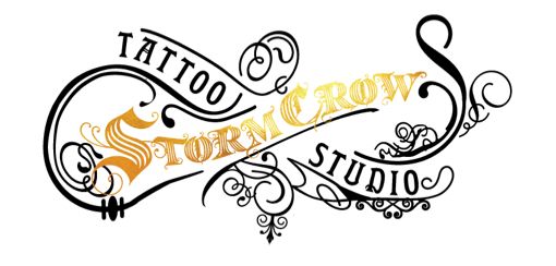 A scrolling example of a tattoo studio logo in black, white, and shades of gold