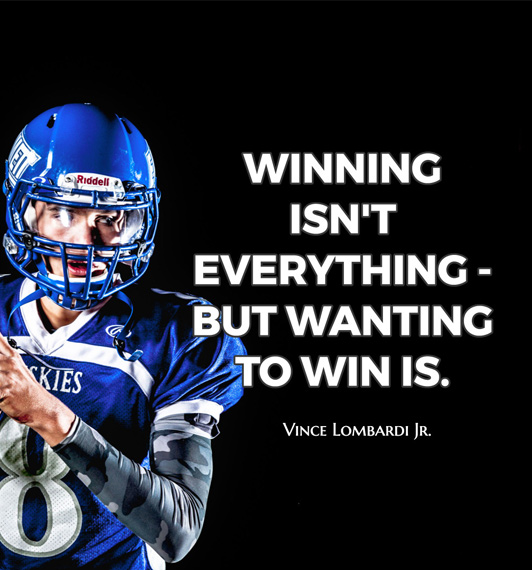 Football player with blue equipment on black background with white text on top